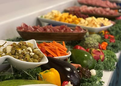 An array of colorful food platters featuring various items