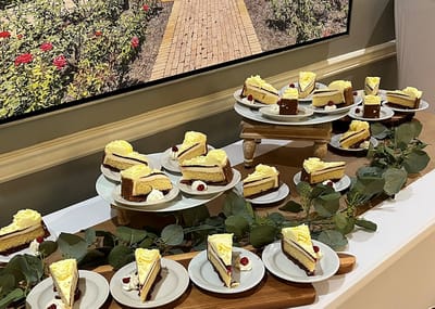 A display of sliced cake on plates