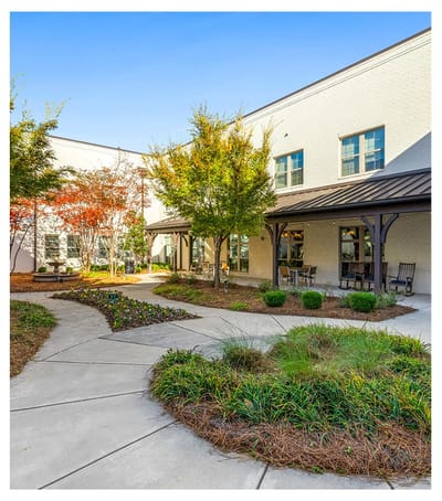 Beautiful landscaped garden area with seating