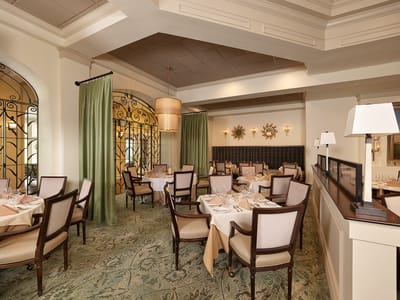 Elegant dining room setup with bright decor