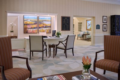 Interior lobby with seating and artwork