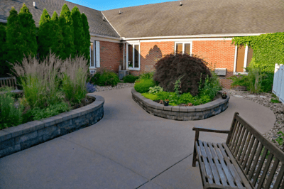 Serene outdoor garden area with walking paths and benches