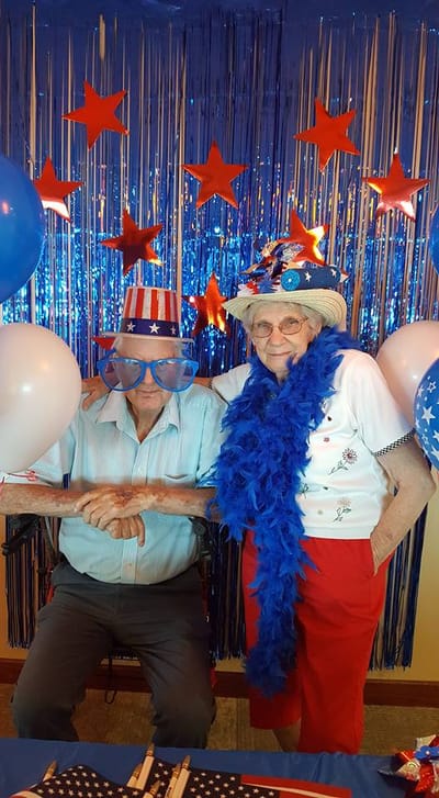 Residents celebrating with festive decorations and outfits