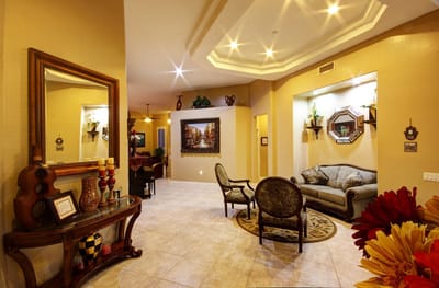 Bright interior common area with seating
