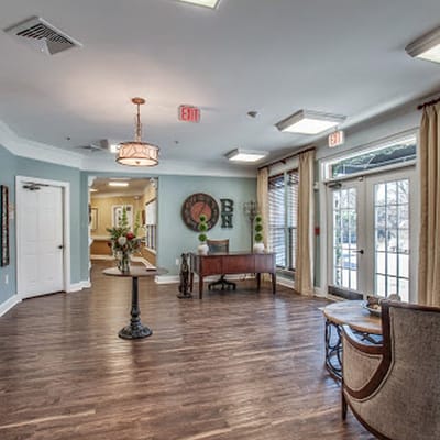 Interior view of a common area with seating and decor