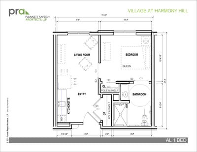 Architectural floor plan for a one-bedroom unit