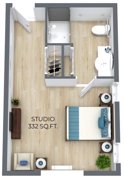 Architectural floor plan of a studio apartment
