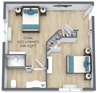 Dual occupancy floor plan with beds and furniture