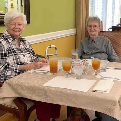 Two residents enjoying a meal in the dining room