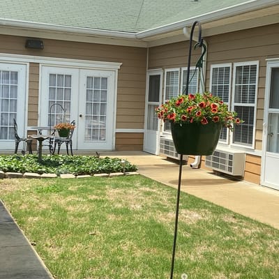 Outdoor area with flowers and seating