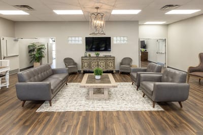 Modern interior common area with seating and decor