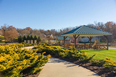 A serene outdoor space with a gazebo and pathway