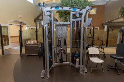 Fitness equipment in a senior living activity room