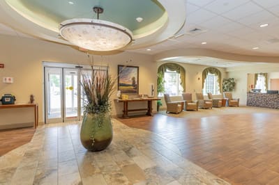 Bright interior common area with seating and decor