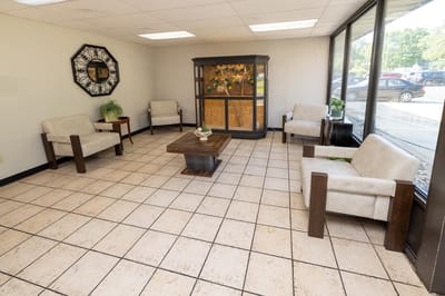 Interior view of a common area with seating