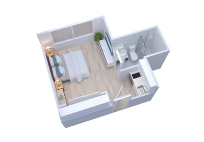 A spacious studio apartment layout with modern amenities