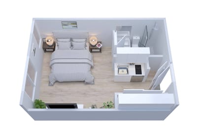 Layout of a private resident room with a kitchen