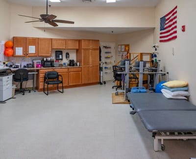 Interior view of a therapy room with equipment