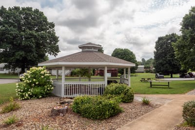 Gazebo surrounded by greenery in landscaped outdoor area