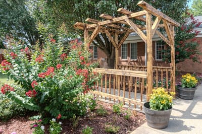 A wooden pergola surrounded by colorful flowers