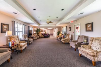 Interior view of a comfortable common area with seating