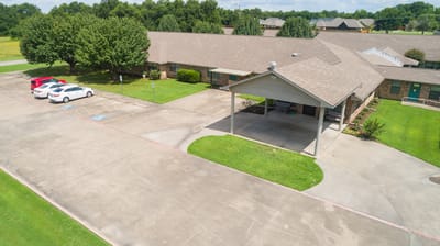 Aerial view of the facility's parking area and exterior