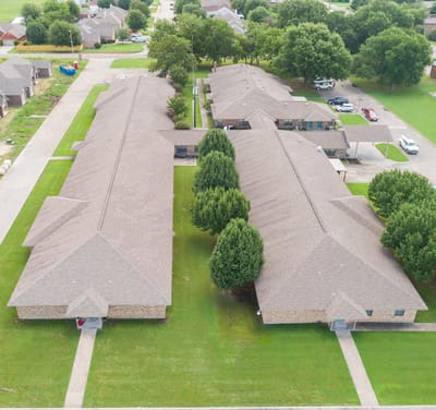 Aerial view of Country Home Estates buildings and green space