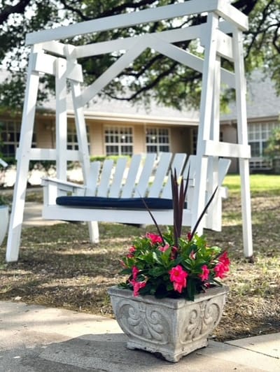 Swing bench and flower pot in the garden area