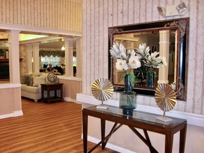 Interior view of a common area with floral decor