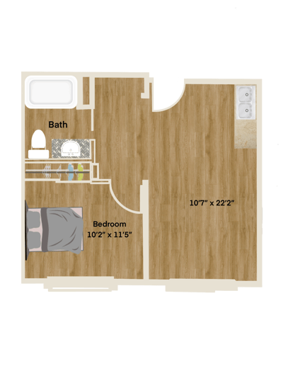Architectural floor plan of a resident room and bath