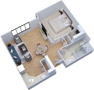 Architectural floor plan of a one-bedroom unit