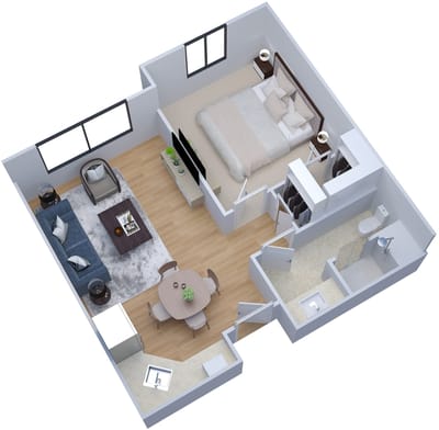 Layout of a private resident room with living area