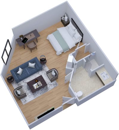 A 3D rendering of a single-room apartment layout