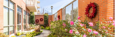 Beautiful garden path with flowers and seating area