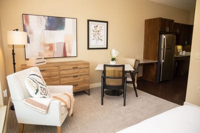 Modern interior of a private resident room with kitchen