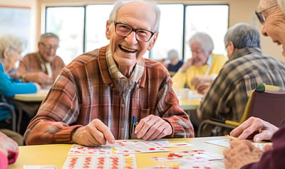 Residents playing bingo in a bright common area