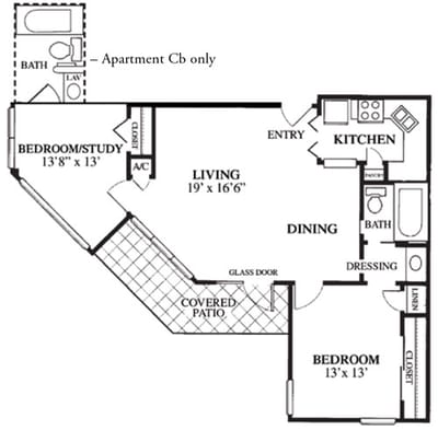 Architectural floor plan of an assisted living apartment