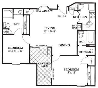 Architectural floor plan of a two-bedroom layout