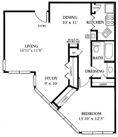 Architectural floor plan of a senior living unit