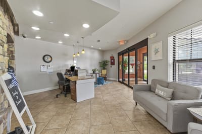 Welcoming lobby area with seating and reception desk