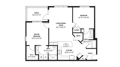 Architectural floor plan of a two-bedroom unit