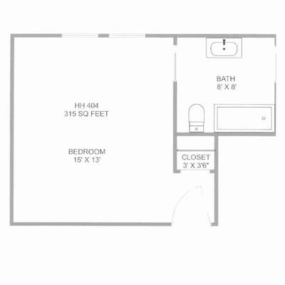 A floor plan layout of a resident room and bathroom