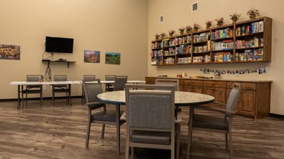 Interior common area with seating and games