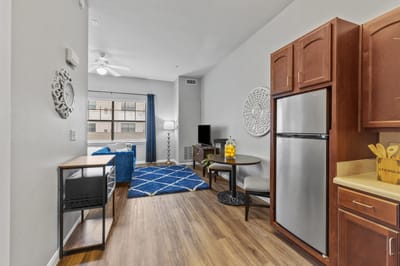 A cozy interior of a living space in a senior facility