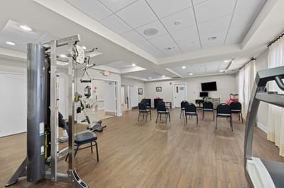 Interior view of an activity room with exercise equipment