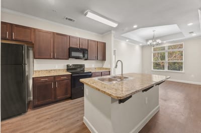 Interior view of a modern kitchen in a senior living facility