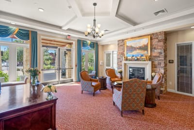 Interior common area with seating and fireplace