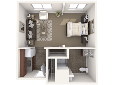 Stylized floor plan of a resident room and living area