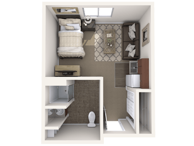 Layout of a private resident room with living area