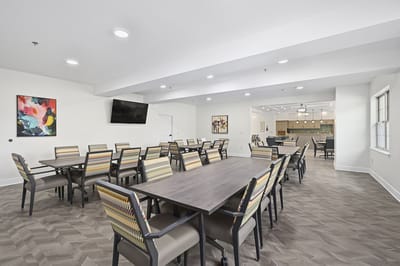 Interior dining area with tables and chairs